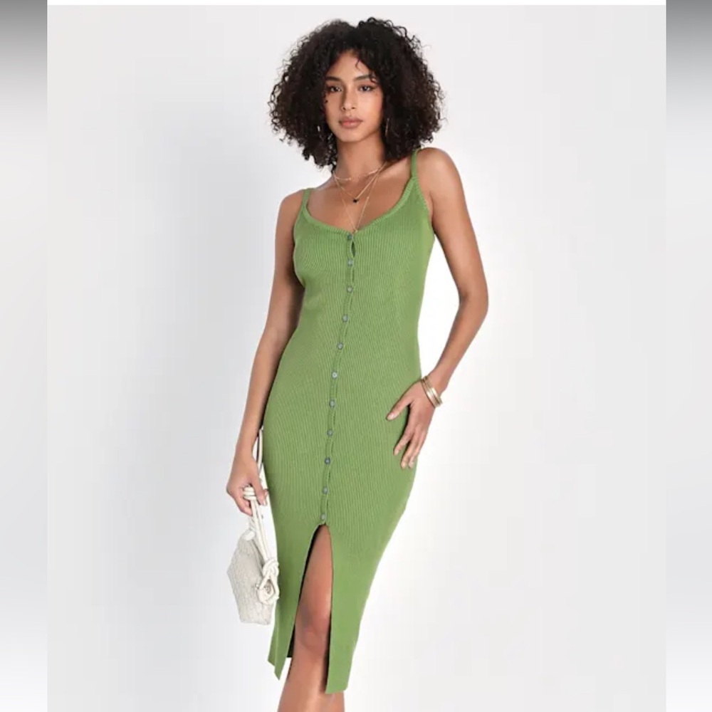 Lulus - Blessed Vibes Green Ribbed Knit Button-Front Midi Dress